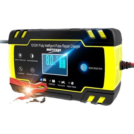 Chargeur, et câbles de démarrage，Chargeur de Batterie Intelligent 12V/24V 8A, 3 Étapes de Chargeur Batterie Mainteneur et Automatique Réparation Fonction pour Voiture Moto Camion, AGM, Gel, Wet, SLA(6