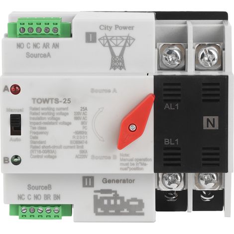 Automatischer 2-poliger 8-kV-Stromumschalter, 2 Betriebsmodi, 220 V AC, 25 A, für Haushalt, Werkstatt, Büro, Umschaltung zwischen zwei Stromversorgungen (1/5)