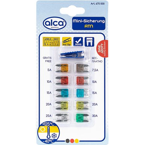 alca® Kfz Mini-Sicherungen 5 A - 30 A 10 St. Blister Auto Sicherungen 10er Set Standard Stecksicherungen Flachsicherungen Motorrad Wohnwagen (1/2)