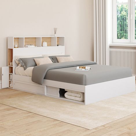 Cama doble CLEM con cabecero, espacio de almacenamiento y somier blanco de 140 x 190 cm (1/5)