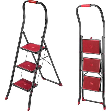 Escalera plegable de acero con recubrimiento en polvo, 3 peldaños, capacidad de carga máxima 150 kg, altura de trabajo 2,7 m, peldaños antideslizantes. (1/5)