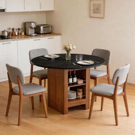 Table à manger - WESTYLE - Ø100 cm - étagère de rangement - aspect bois de noyer - cadre métal (1/5)