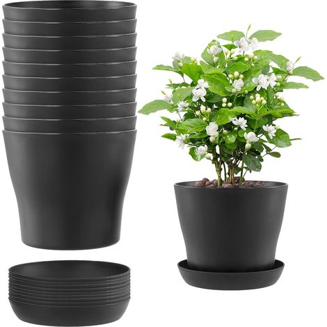 Lot de 10 pots de fleurs ronds en plastique noir de 17 cm avec soucoupes et drainage, pots de fleurs ronds de taille moyenne pour intérieur et extérieur (1/5)