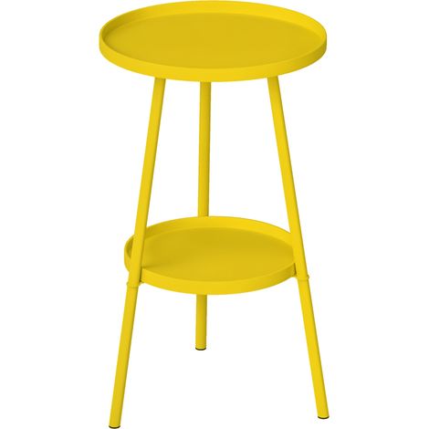 Runder, zweistöckiger Nachttisch aus Metall für Balkon, Terrasse oder Wohnzimmer, 32 cm Durchmesser, 51 cm Höhe, gelbe Farbe