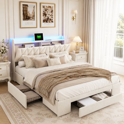 Lit double 160x200 avec sommier led et usb, lit rembourré avec 3 tiroirs, tete de lit avec rangement, pour adulte et adolescent, beige velours (1/5)