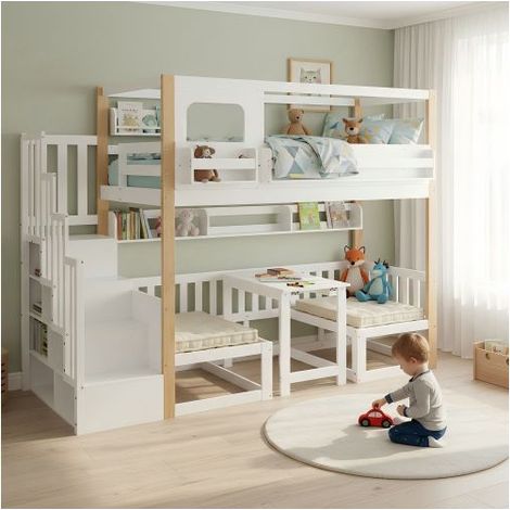 Lit Mezzanine Enfant 90x200cm avec Bureau Rabattable - Lit Enfant - Escalier Rangement et Étagère, Pin+MDF, Blanc et Naturel (1/5)