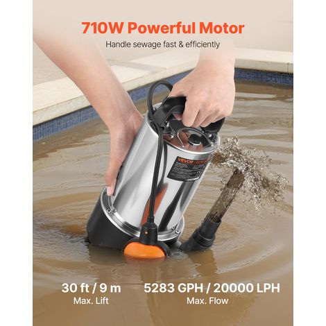 Pompe Submersible Eaux Usées 710 W Pompe Puisard Acier Inox, 20000 L/h avec Interrupteur Flotteur Automatique, Hauteur Refoulement 9 m Évacuation Eaux Usées pour Piscines, Étangs, Zones Inondées (1/5)