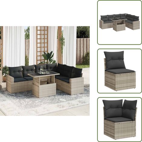 Ratán sintético - vidaXL Set de sofás de jardín 7 pzas con cojines ratán PE gris claro - Cojines desenfundables
