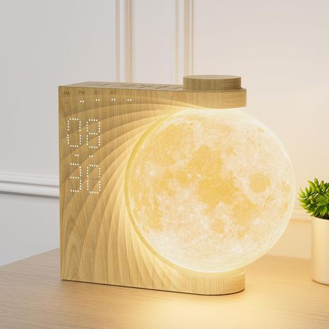Veilleuse Enfant, Réveil Enfant avec Simulateur d'Aube - Lampe Lune 3D Rotative 8 Couleurs RGB, Fonction Snooze, 10 Sons Naturels - Cadeau pour Femmes et Enfants (1/4)