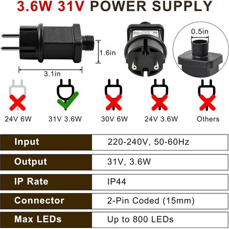Transformateur pour guirlandes de Noël, adaptateur électrique avec minuterie, adaptateur électrique, indice de protection IP44, 31 V Max 3,6 W UE (1/4)