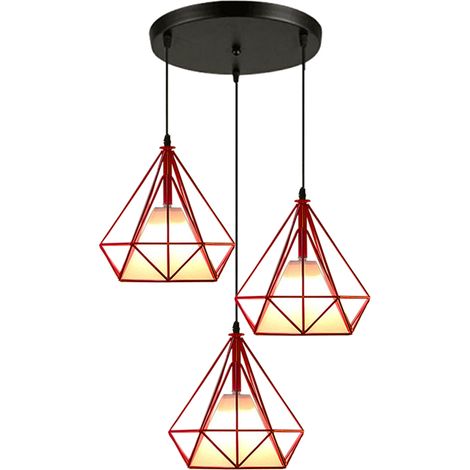 Vintage Pendant Light, 3 Lights Spiral Ceiling Lamp with Metal Cage, Diamond Shape Chandelier with Lampshade for Kitchen Island Living Room (Red) (1/5)