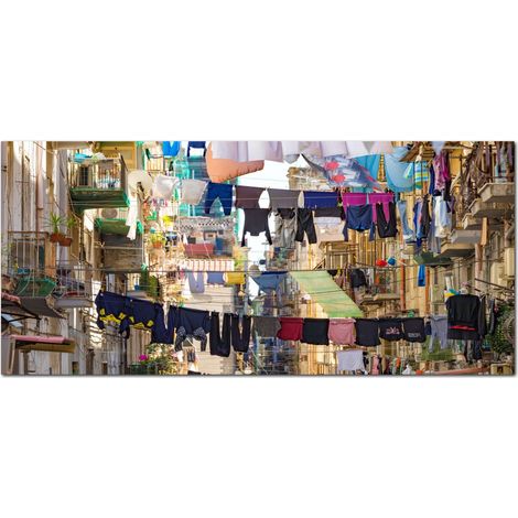 Lupia - Quadro moderno su Tela Canvas DEEP 65X143 cm, con paesaggi e localismi italiani, per casa, soggiorno, capezzale camera da letto, hotel, ufficio, NAPOLI - SCORCIO VICOLO (1/4)