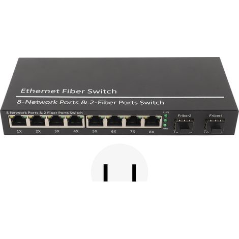 Commutateur fibre Ethernet 2 ports optiques 8 ports RJ45 jusqu'à 120km, plug and play SFP, 100-240V prise US. (1/5)