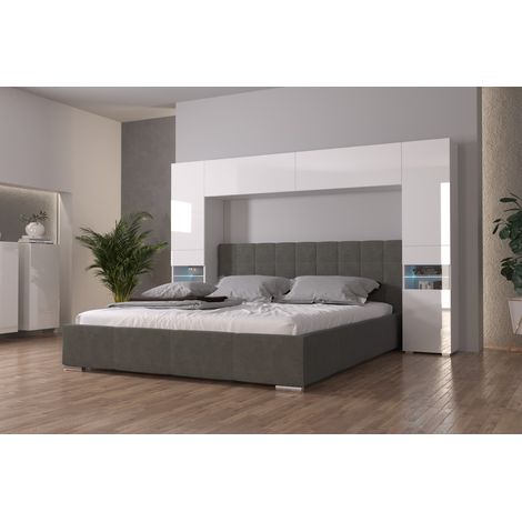 Viva – Tête de lit armoire pont de lit PANAMA – Structure en panneau de particules – Façades en MDF brillant – Dimensions 256x184x35cm