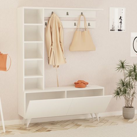Mueble de Entrada Gordona, Perchero, 6 Estantes, Apertura Abatible, 120x32x162h cm Blanco (1/4)