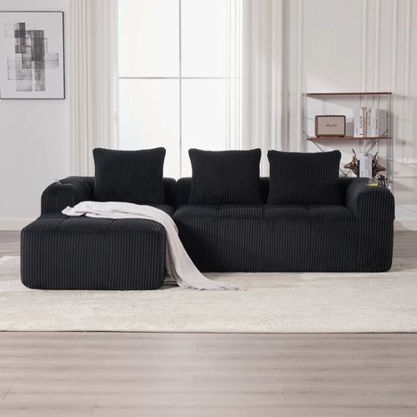 Canapé d'angle convertible 3-4 places,En Velours Côtelé,avec poche latérale et porte-gobelet,253 x 158 x 61cm,Noir