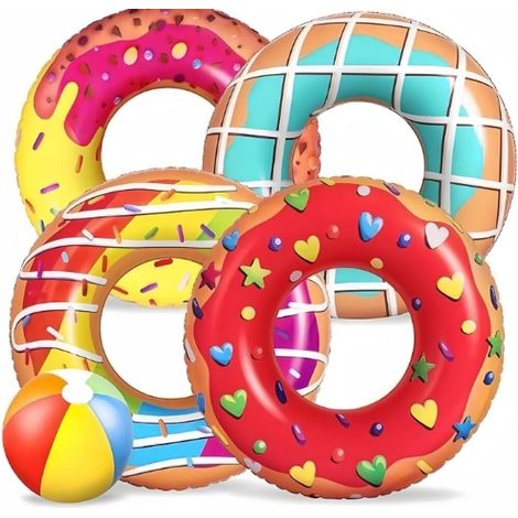 4 Pieces 75 cm Donut Shaped Swimming Rings with 35 cm Beach Balls 5 Pieces Donut Inflatable Pool (1/5)
