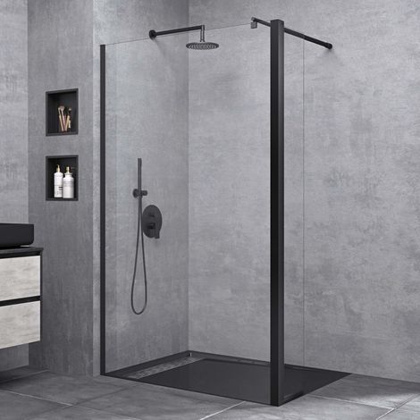 doporro Paroi de Douche à L'italienne Transparent Pare-Douche Verre de Sécurité 10mm Bremen2K 120x200cm Montage Réversible + Partie Latérale 30cm Profilé Noir Stabilisateur Rond (1/5)