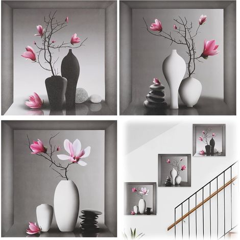 Lot de 3 Stickers Muraux 3D Vase avec Fleurs, cadre decoration murale,Décorations Adhésives pour Mur 30x30 cm, Autocollants 3D pour Salon, Chambre, Cuisine, Bureau et Plus (1/5)