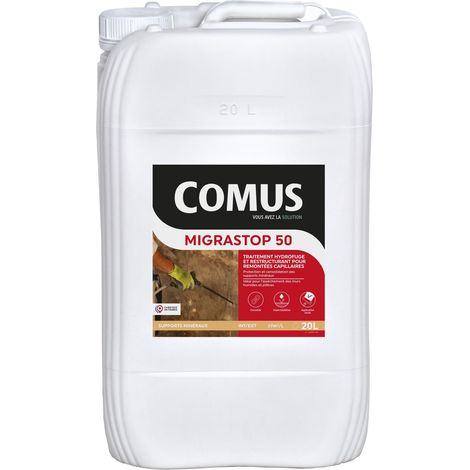 Hydrofuge Minéral MIGRASTOP® 50 - 20L - Traitement Hydrofuge pour remontées capillaires, murs humides, pierres calcaires - COMUS