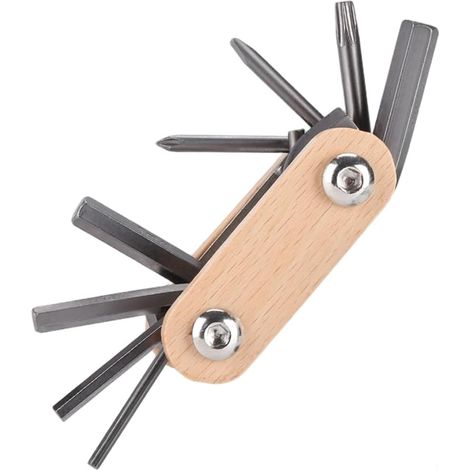 Kit d'outils de réparation de vélo 8 en 1 - Clé hexagonale pliable avec poignée en bois - Outil multifonction compact et portable (1/5)