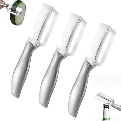 Pelador de 3 piezas, pelador de patatas de acero inoxidable con mango de plástico, pelador de verduras multifuncional 2 en 1 y abridor botellas (1/5)