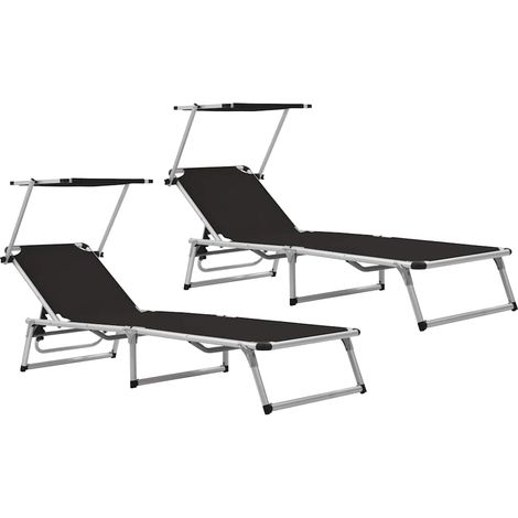 Lot de 2 chaises longues pliables avec toit réglable en aluminium et textilène noir - PANGIVO (1/5)