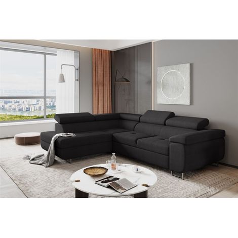 Ecksofa Sofa JADE Stoff Ontario Schwarz mit Schlaffunktion Ottomane Links (1/2)