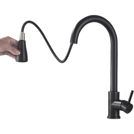 Robinet de cuisine noir, robinet d'évier de cuisine pivotant à 360° avec douchette extractible, douchette extractible à arc élevé, 2 modes, robinet d'évier chaud et froid en option, avec tuyau
