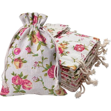Lot de 50 sacs en lin et jute, petits sacs en tissu, sacs en coton 10 x 14 cm, sacs en jute, pochettes en tissu à cordon (1/5)
