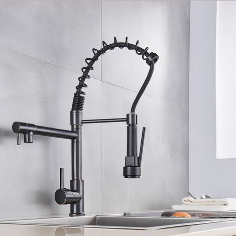 Kitchen Faucet Black Brass Mixer Kitchen Two Jets Faucet With Flexible and Swivel Shower Tap Retractable Sink Top Sink For Mixer Sink Faucet Shower (1/5)