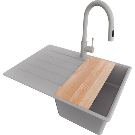 PRIMAGRAN Evier Cuisine en Granit 70x50cm, Lavabo 1 bac + Robinet 40x20cm + Kit de Vidage + Accessoire, Évier à Encastrer au meuble 40cm - Copenhague, Gris (1/5)