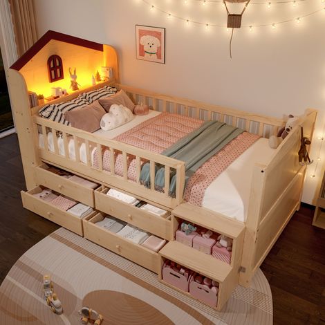 DESVIAE Lit mi hauteur enfant 90 x 200 cm forme maison avec fenêtre LED tiroirs étagères et échelle de rangement en pin coloris naturel (1/5)