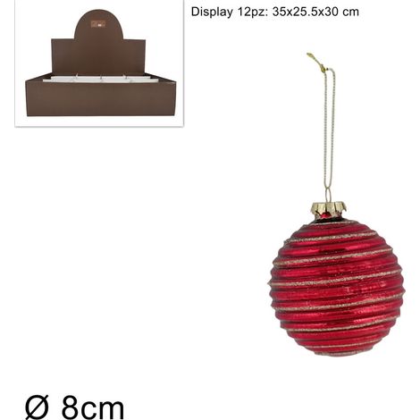PALLA VETRO DIAMETRO 8 CM RIGATA CON GLITTER COLORE ROSSO