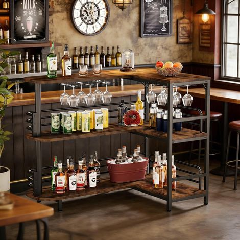 Mobile bar 120x90x110 cm, design a L con 2 ripiani e 6 portabicchieri, acciaio e legno, nero e marrone rustico (1/5)