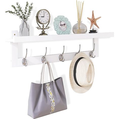Portemanteau mural avec étagère, 74 cm, en bambou avec 5 doubles crochets en métal – Pour entrée, salle de bain, chambre, cuisine ou salon (Blanc et argent) (1/5)