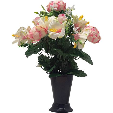 Pot Cône d'Hbiscus fleurs artificielles pour le cimetière H 45 cm D 25 cm Rose - couleur: Rose (1/3)
