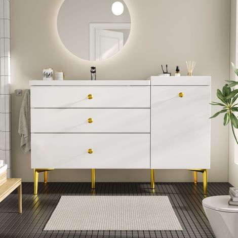 Mueble de baño con lavabo en cerámica, cajones y armario, blanco y dorado, 120x47.5x80 cm (1/5)