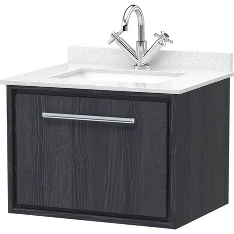 Longnor 1 Drawer Wall Hung Vanity Unit with Square Basin and Marble Worktop, Woodgrain Graphite Grey, 600mm