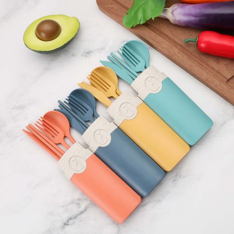 Set De Couverts Portable - Boîte De Rangement Incluse - Pour Pique-Nique Voyage École Camping - 4 Pièces (Fourchette Cuillère Couteau Baguettes) - Plastique Alimentaire (1/5)
