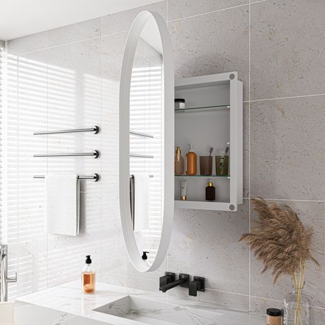 Armadio a specchio ovale 85x51,5x12 cm in metallo bianco con ripiani FloraGrace (1/5)
