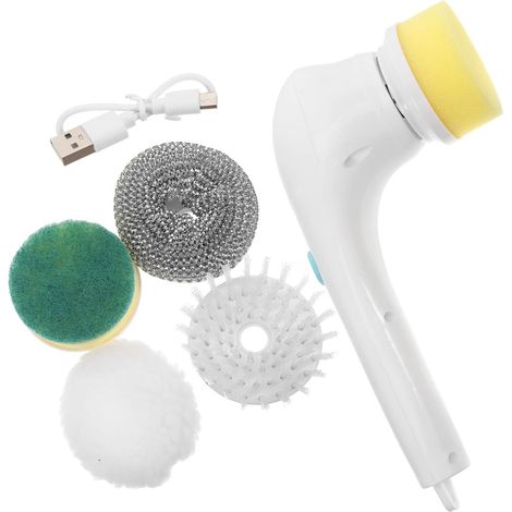 5-in-1 Waterproof Electric Cleaning Brush for Kitchen and Bathroom with Replaceable Heads, Powerful Rotating Plastic Brush and Sponge (1/5)