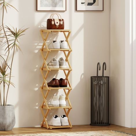Étagère en bambou pliable 6 étagères, capacité 9 paires, 30x29x108 cm, teinte naturelle (1/4)