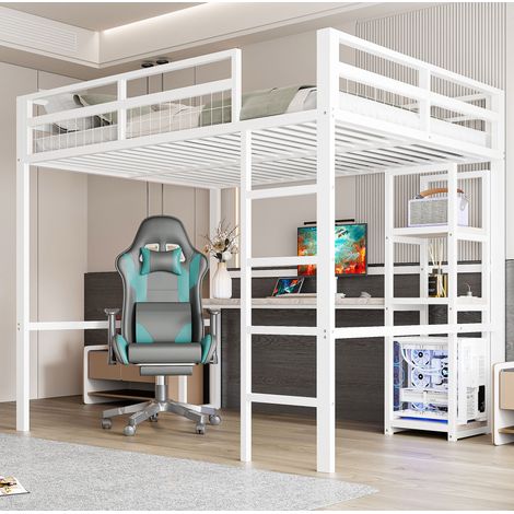 MEUBLIV Lit mezzanine 140x200 cm blanc – bureau avec USB Type-C, sans matelas (1/5)