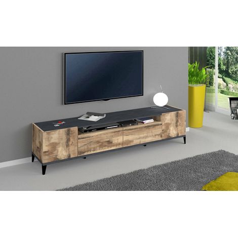 Dmora Mueble TV para salón, Made in Italy, Mueble TV con 2 puertas y 2 cajones, 200x40h47 cm, pizarra y arce, con embalaje reforzado (1/5)