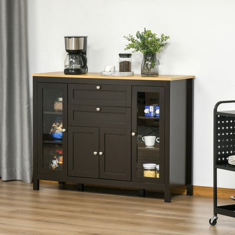 Buffet meuble de rangement 1 placard double porte 2 placards à porte vitrée 2 tiroirs étagère réglable 120x40x90cm noir