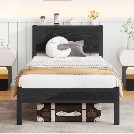 Letto bambini 90x200 cm con testiera e rete a doghe, in metallo nero, materasso non incluso (1/5)