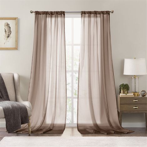 Rideaux en Voile de Polyester Uni Translucide - Lot de 2 Panneaux Prêts à Poser (140 x 214 cm) pour Salon, Appartement et Villa - Couleur Café-lsw