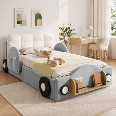Letto imbottito 90x200 cm con contenitore idraulico, tasche laterali e libreria, grigio (1/5)