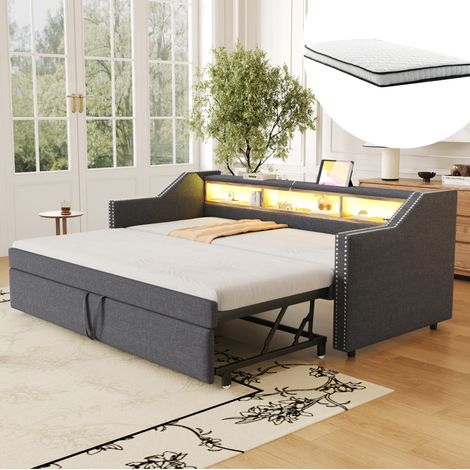 Cama dormitorio extensible con LED USB gris oscuro OKMYHOME (1/5)